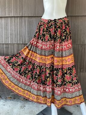🔥90s grunge floral geometric crinkle maxi skirt bohemian hippie Gypsy cottage